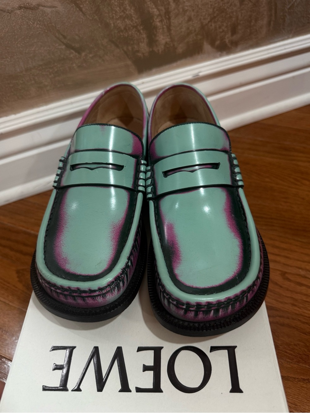 LOEWE Authentic Mint Pink Forest Green Leather Loafers RARE